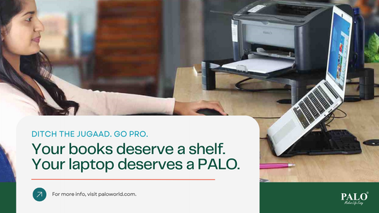 Laptop placed on stack of books vs PALO adjustable stand on a desk