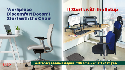 Employee working at a desk showing poor vs ergonomic workspace setup, highlighting how workplace discomfort is caused by overall workstation alignment, not just the chair