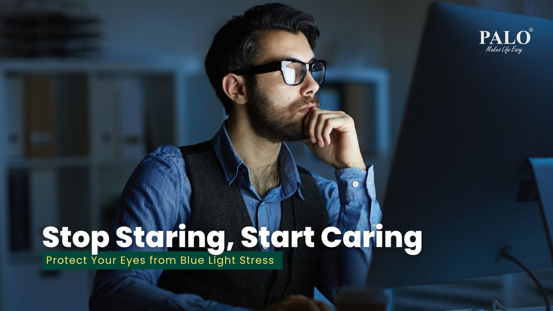 Corporate professional using PALO blue light filter on laptop to reduce eye strain and improve productivity.