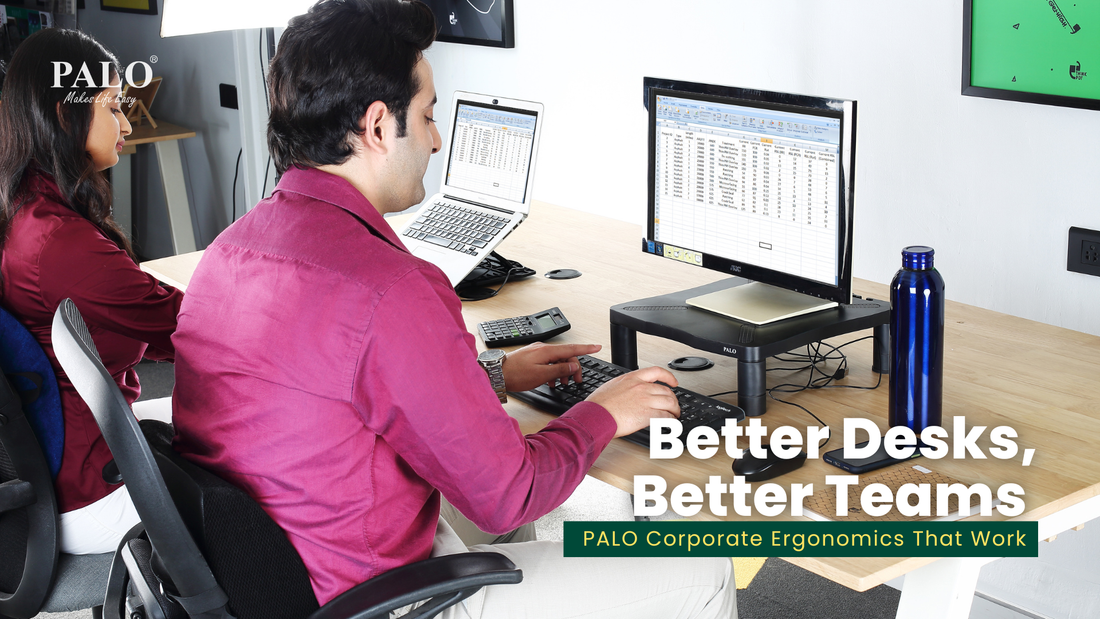 Office desk setup with PALO ergonomic products, boosting employee comfort and wellness