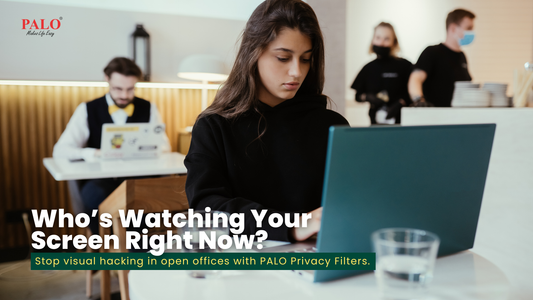 Employee using privacy filter on laptop to protect confidential data in open office