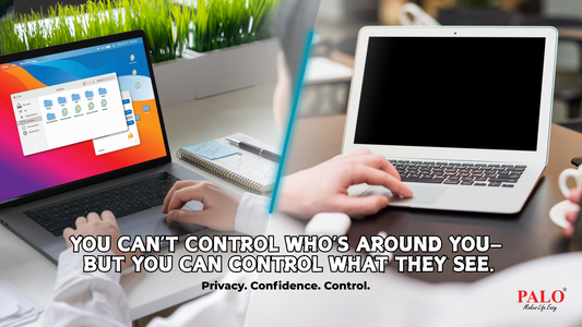 Remote worker using laptop in a public space with PALO Privacy Filter ensuring screen privacy
