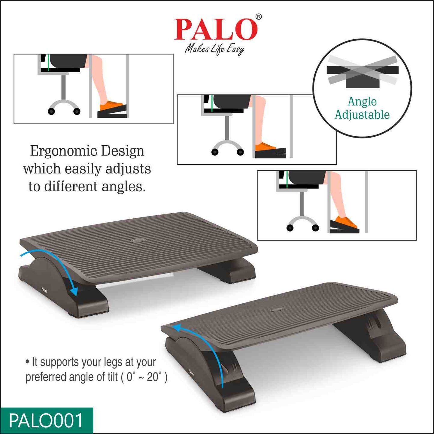 PALO001 PALO Ergonomic & Adjustable Angle Foot Rest For Office & Home