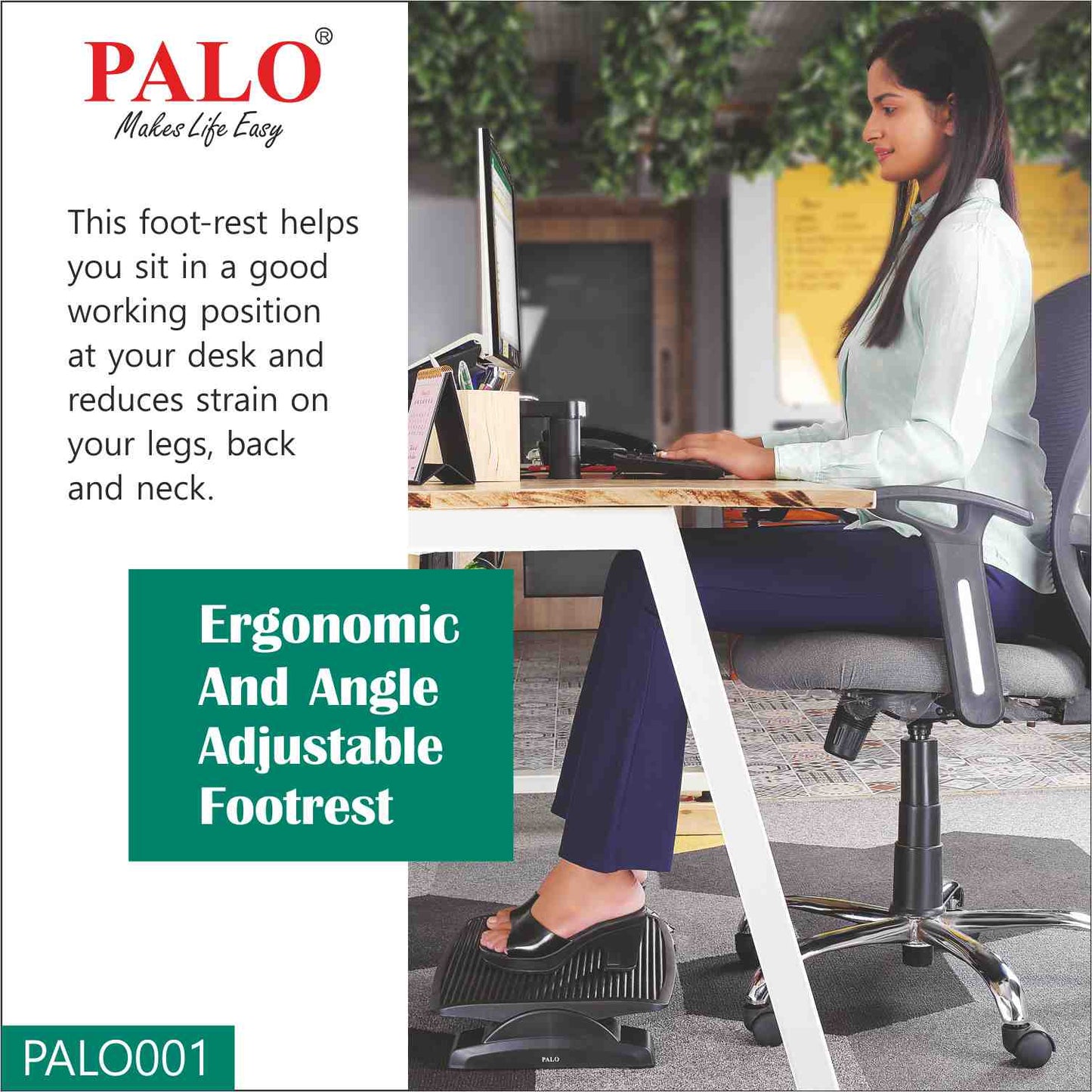 PALO001 PALO Ergonomic & Adjustable Angle Foot Rest For Office & Home