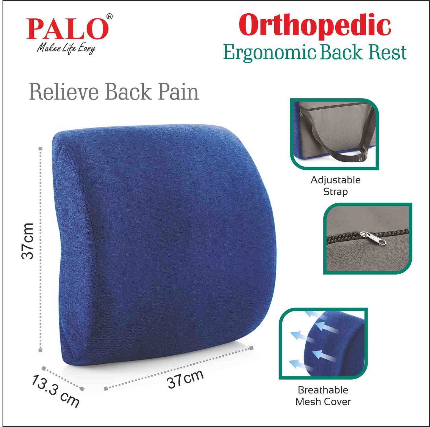 PALO026 PALO Premium Ergonomic Backrest with Memory Foam, Blue