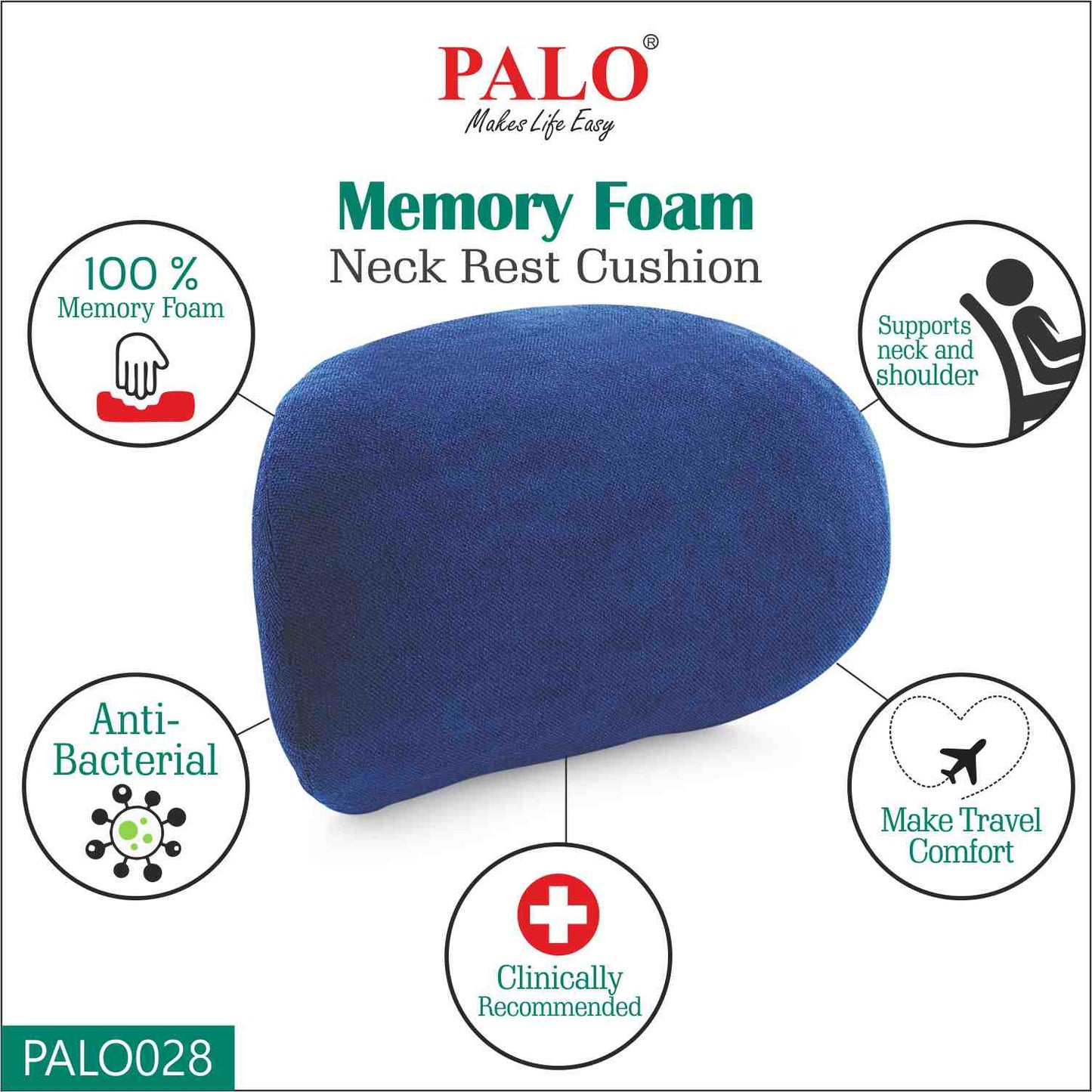 PALO028 PALO Premium Neckrest with Memory Foam, Blue