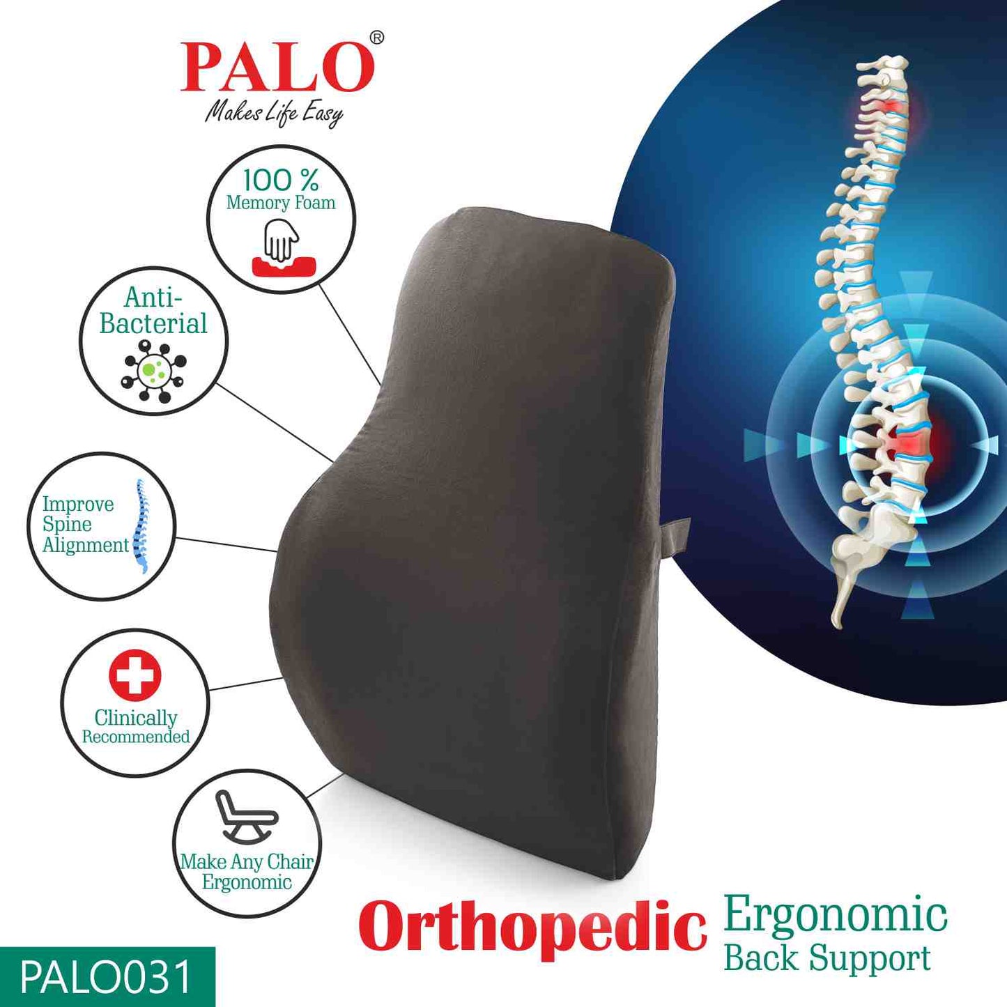 PALO031 PALO Orthopedic Ergonomic Long Back Support with Memory Foam, Black