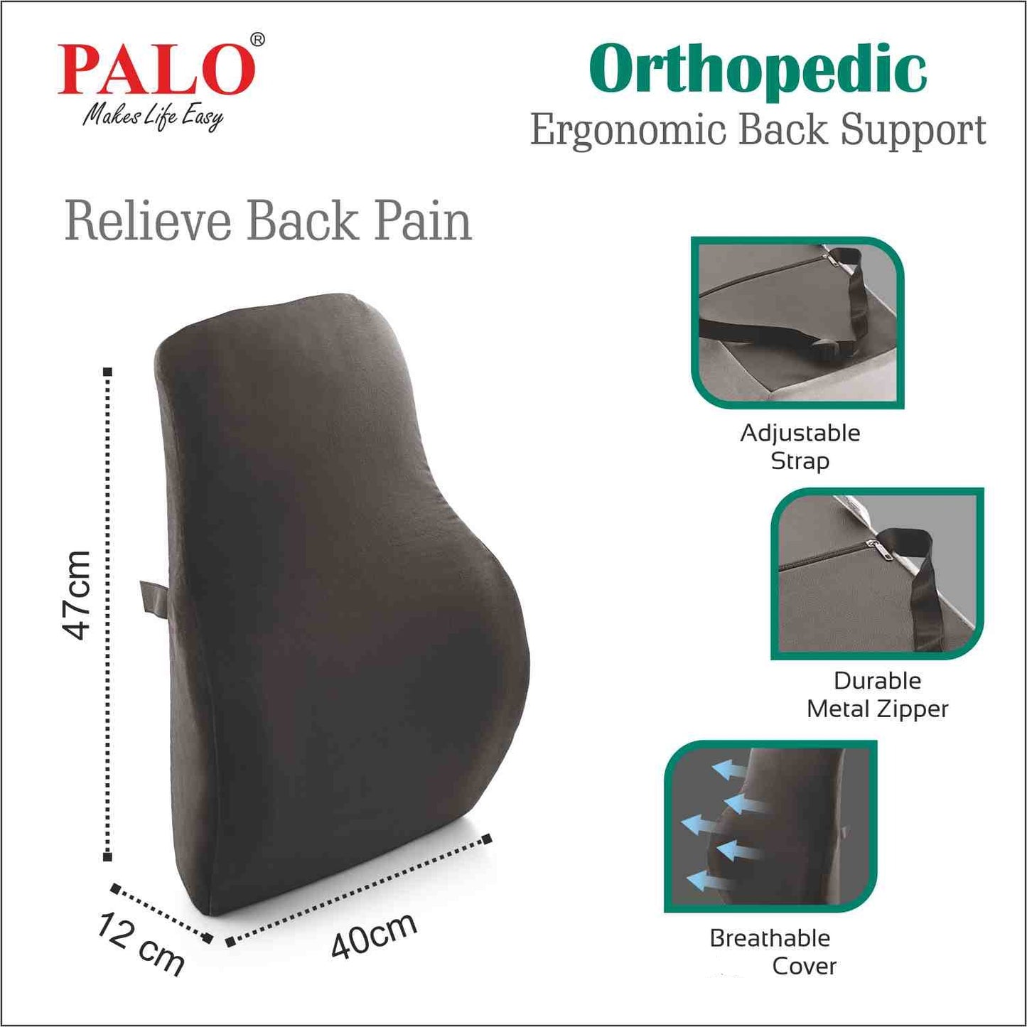 PALO031 PALO Orthopedic Ergonomic Long Back Support with Memory Foam, Black