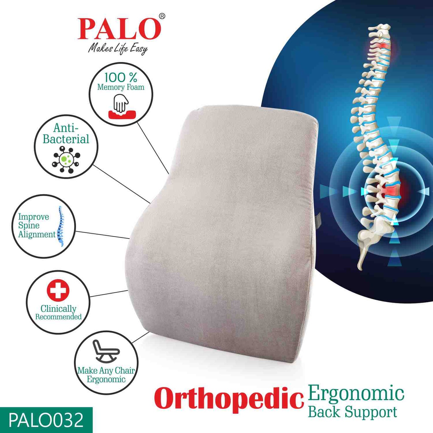 PALO032 PALO Orthopedic Ergonomic Long Back Support with Memory Foam, Grey