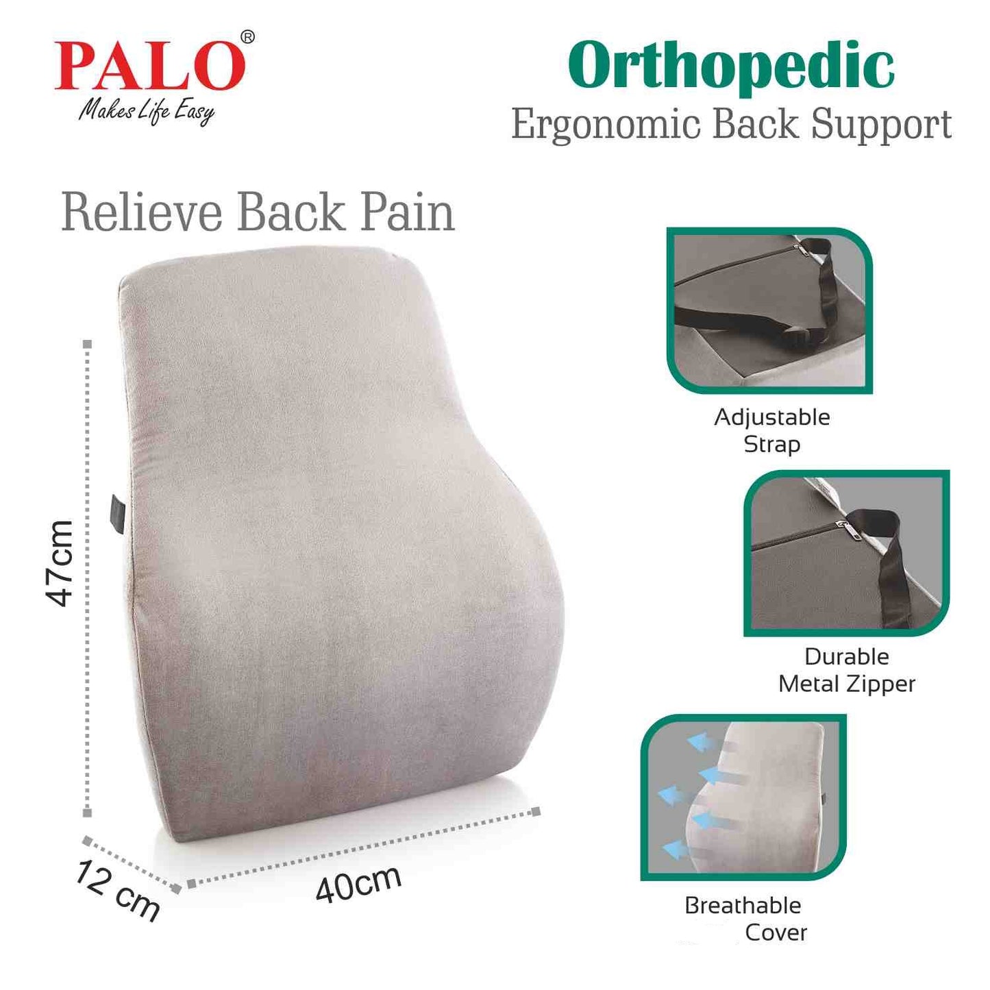 PALO032 PALO Orthopedic Ergonomic Long Back Support with Memory Foam, Grey