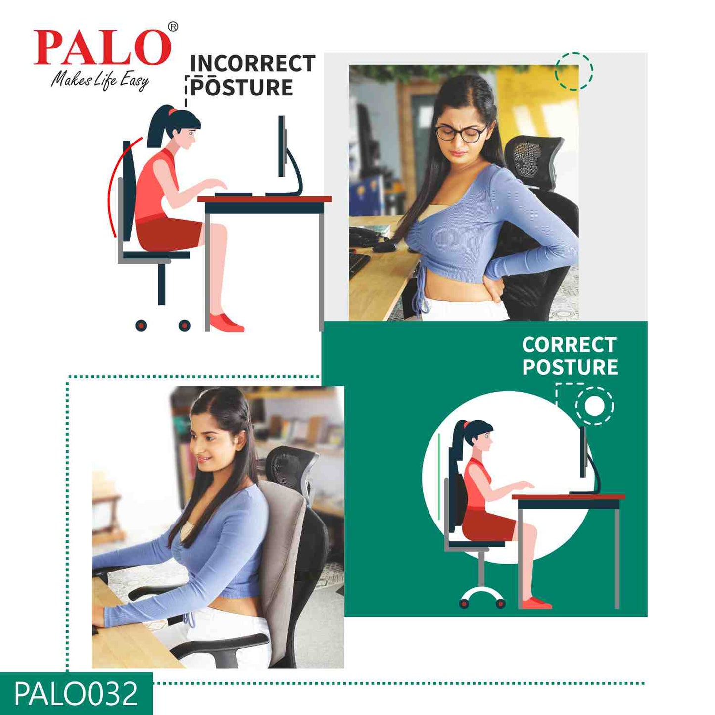 PALO032 PALO Orthopedic Ergonomic Long Back Support with Memory Foam, Grey