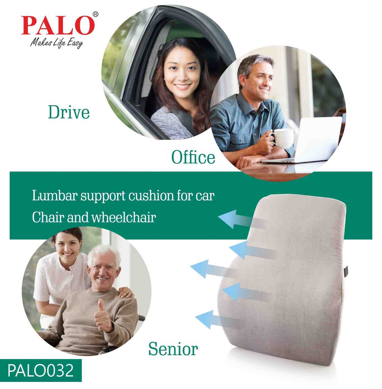 PALO032 PALO Orthopedic Ergonomic Long Back Support with Memory Foam, Grey