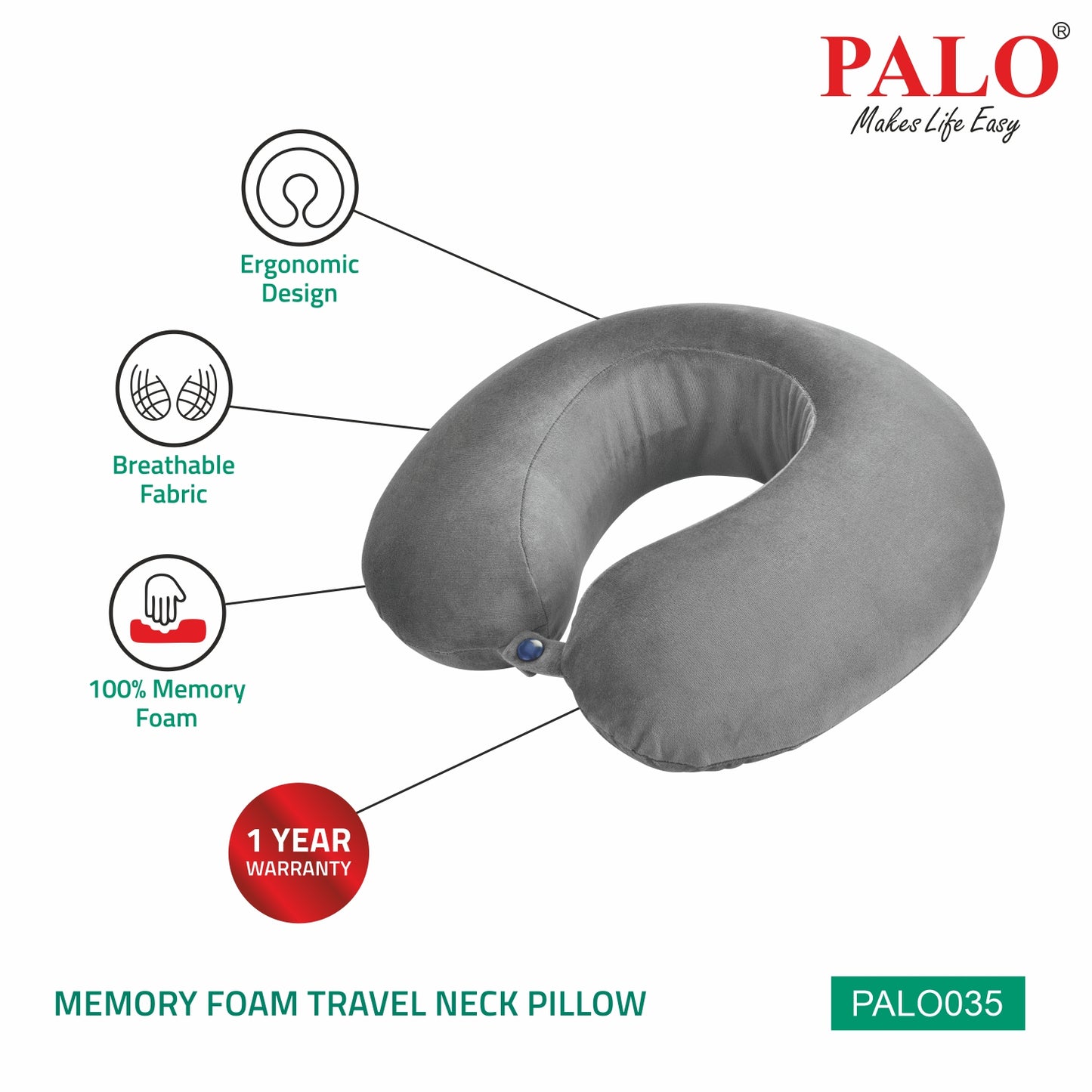 PALO035 PALO Premium Memory Foam Travel Neck Pillow, Grey