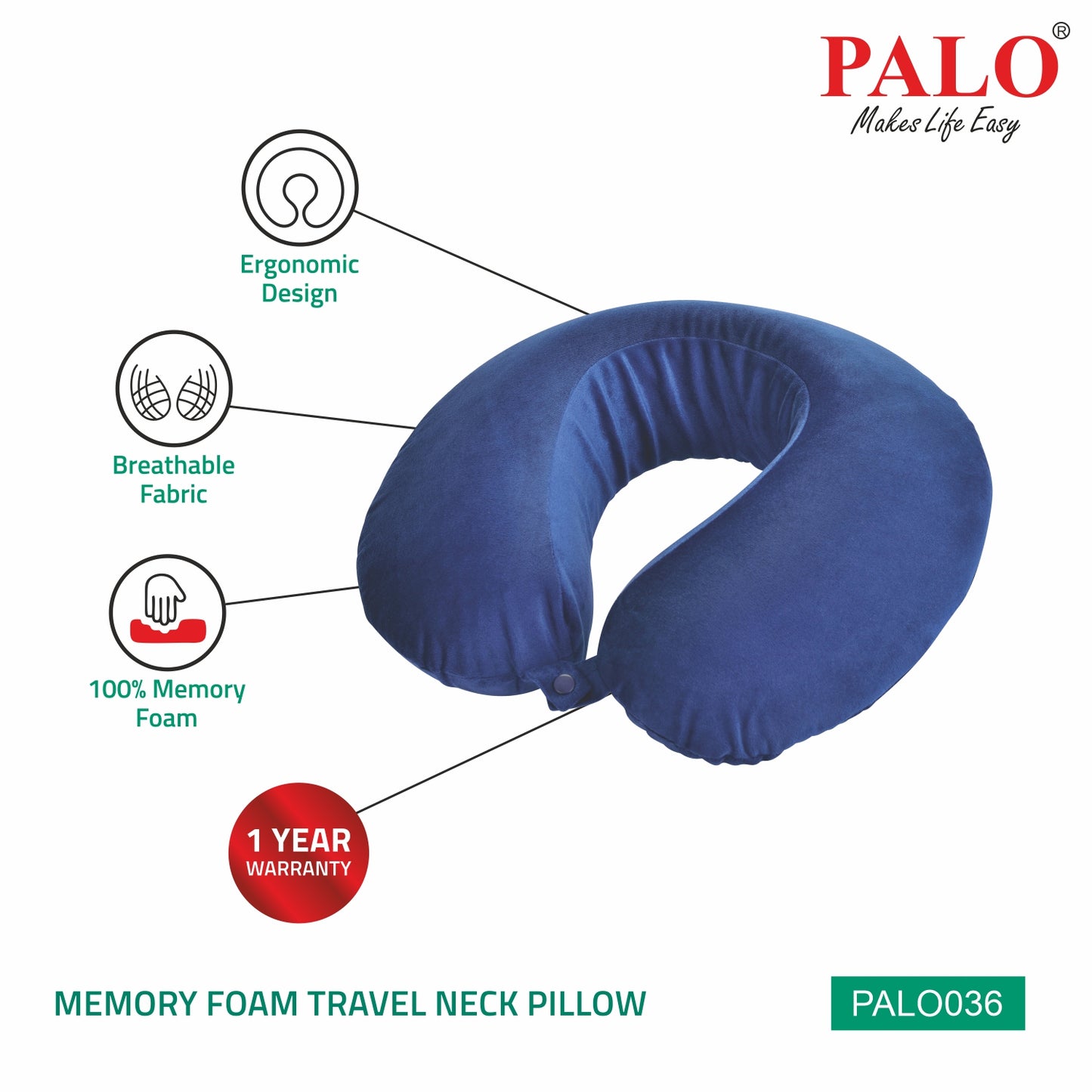 PALO036 PALO Premium Memory Foam Travel Neck Pillow, Blue