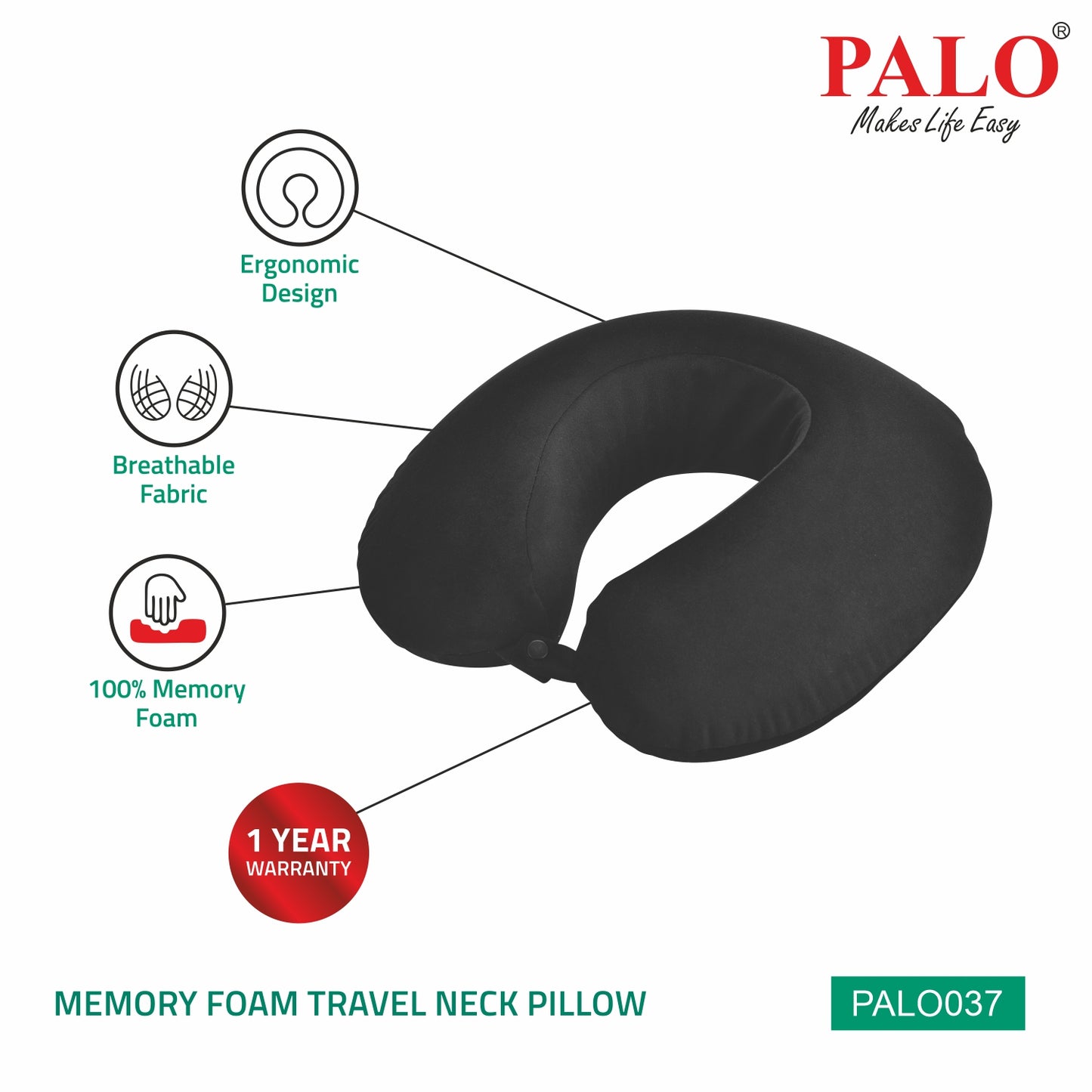 PALO037 PALO Premium Memory Foam Travel Neck Pillow, Black