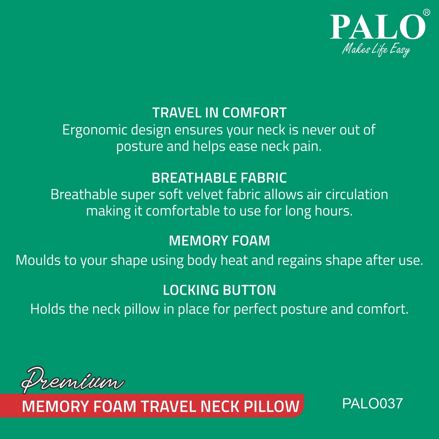 PALO037 PALO Premium Memory Foam Travel Neck Pillow, Black