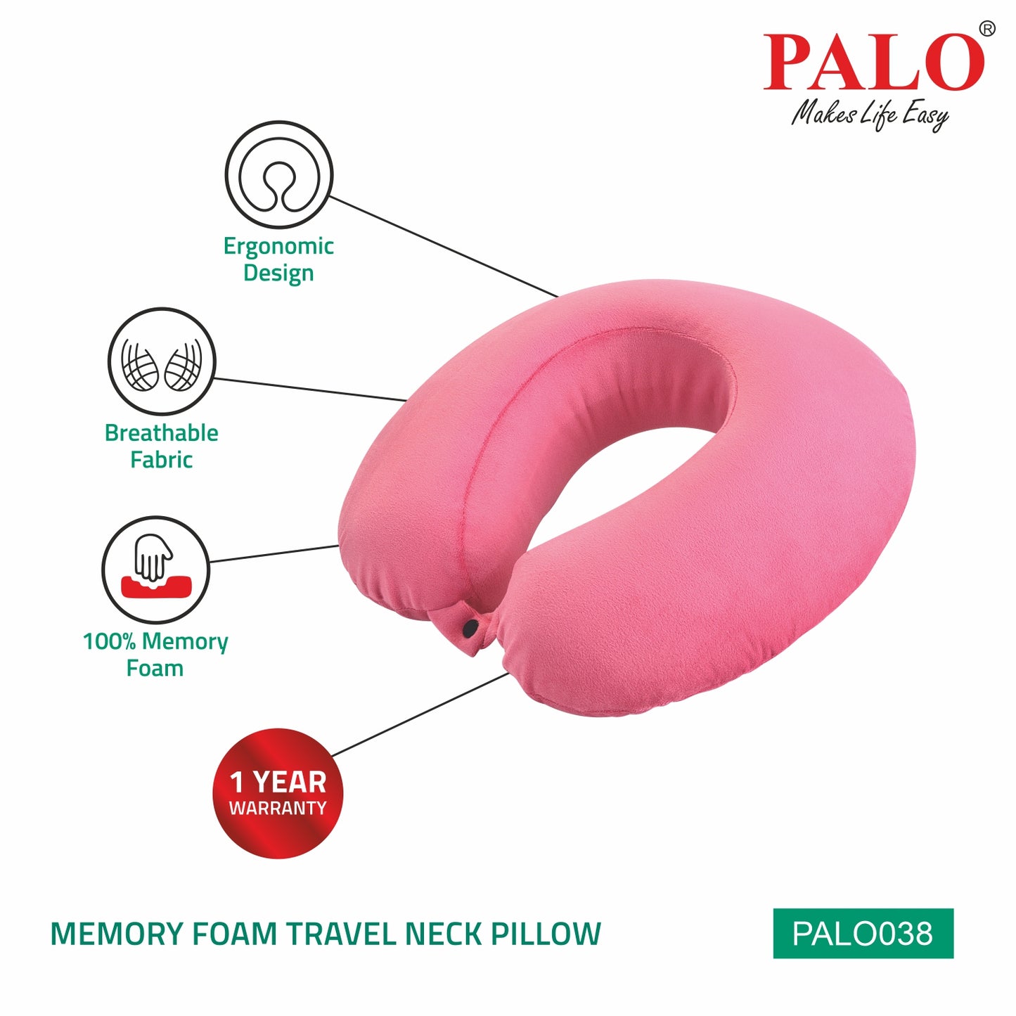 PALO038 PALO Premium Memory Foam Travel Neck Pillow, Pink