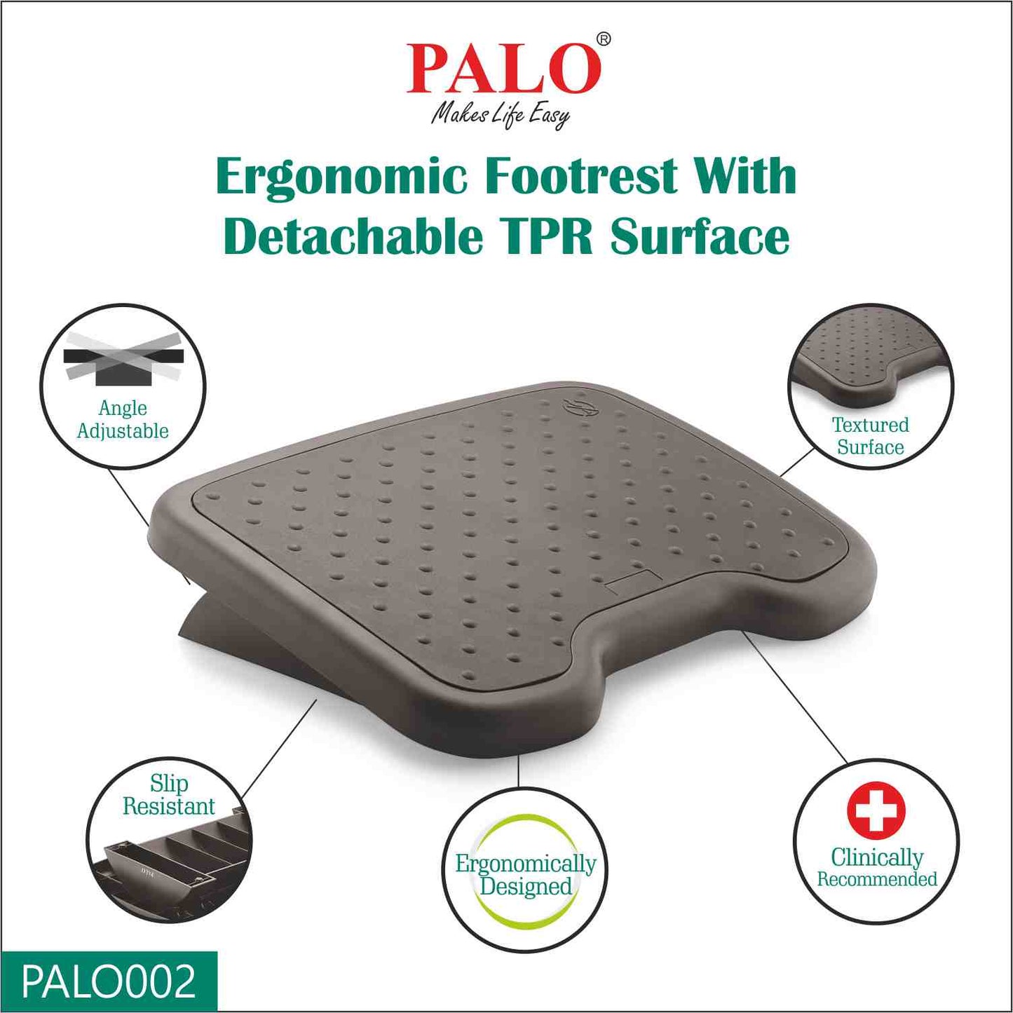 PALO002 Ergonomic Footrest - With Detachable TPR Surface