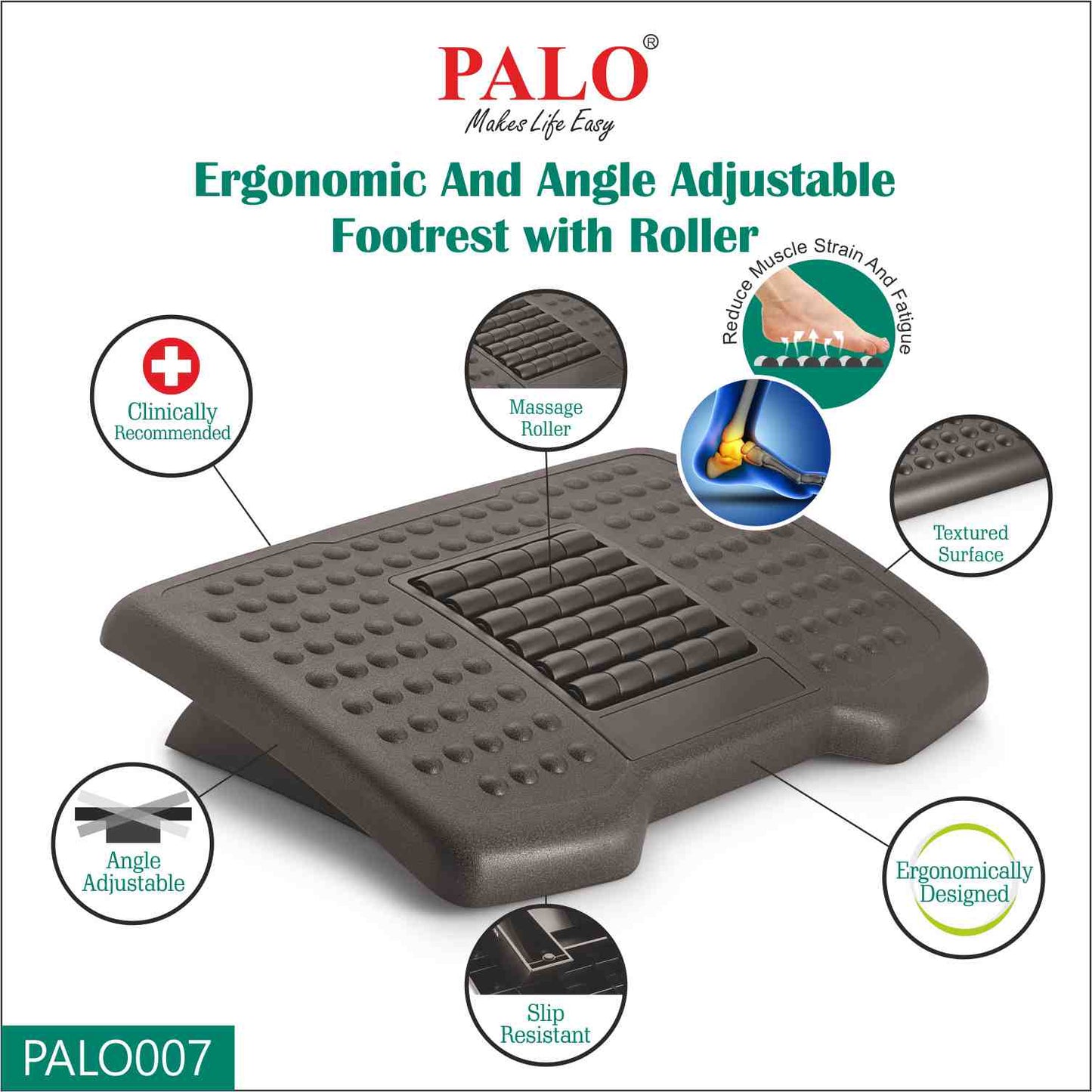 PALO007 Ergonomic Adjustable Footrest - With Roller