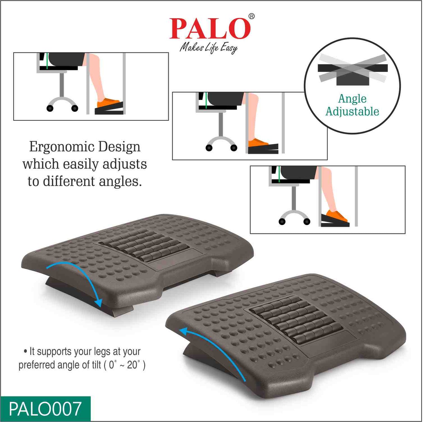 PALO007 Ergonomic Adjustable Footrest - With Roller