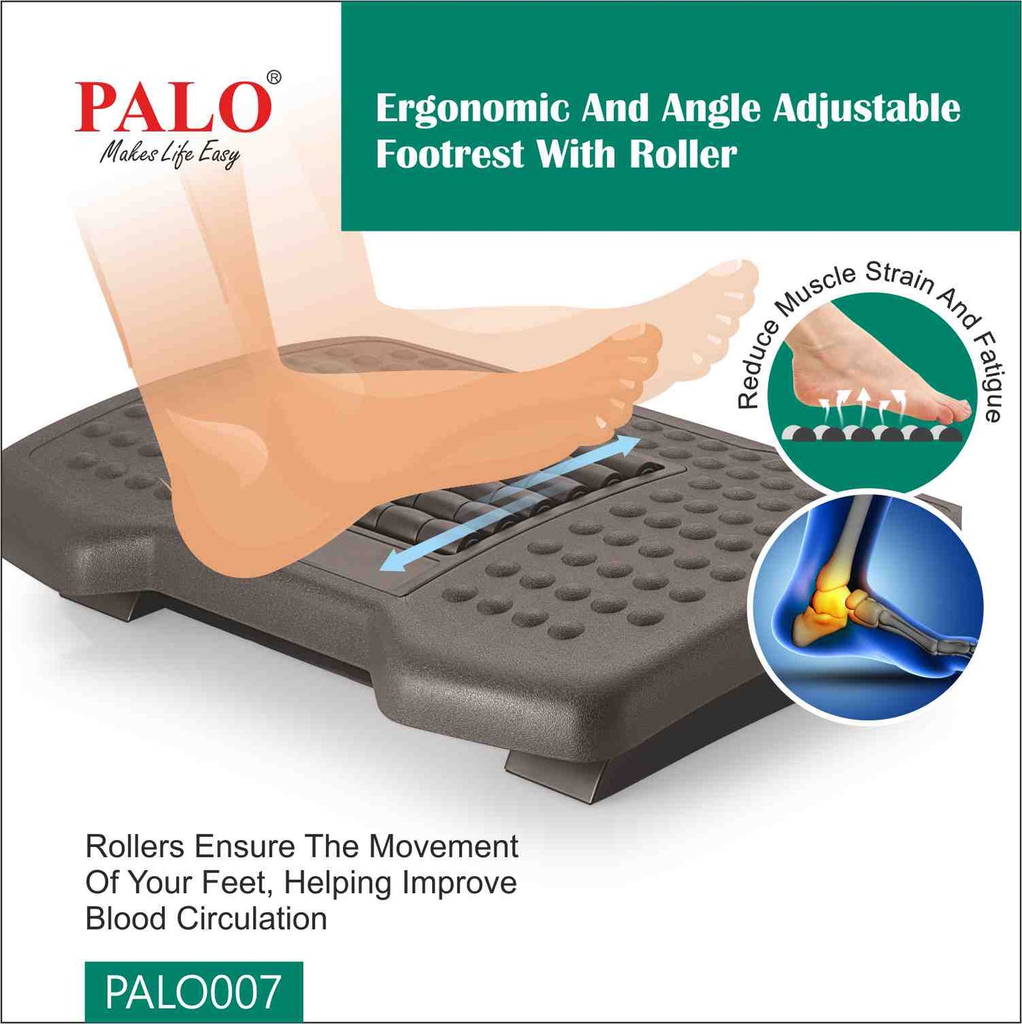 PALO007 Ergonomic Adjustable Footrest - With Roller