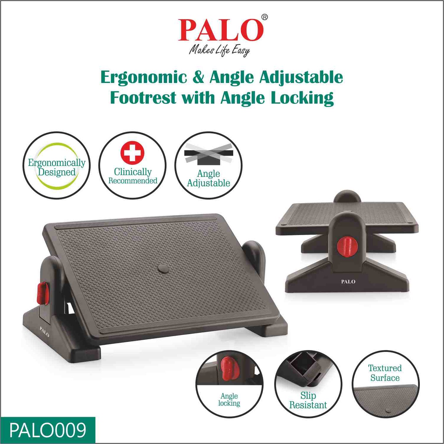 PALO009 Ergonomic Height Adjustable Footrest - With Angle Locking