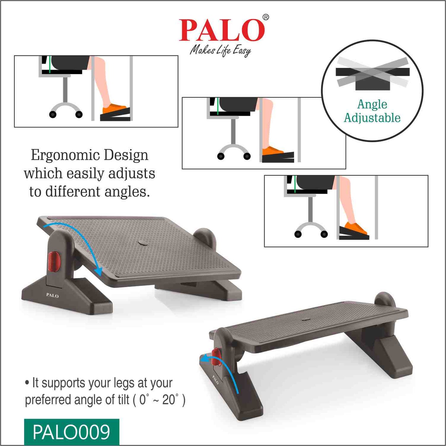 PALO009 Ergonomic Height Adjustable Footrest - With Angle Locking