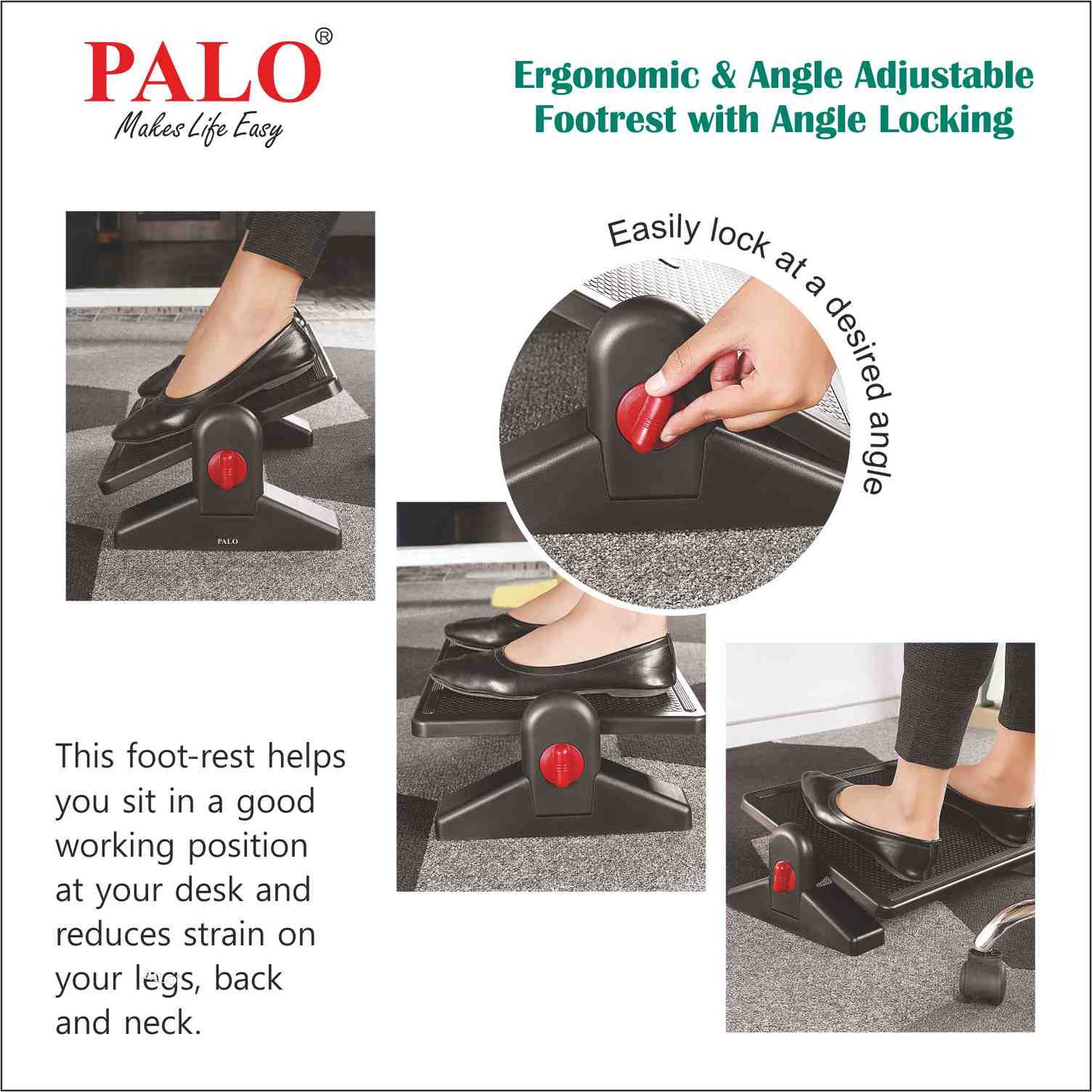 PALO009 Ergonomic Height Adjustable Footrest - With Angle Locking