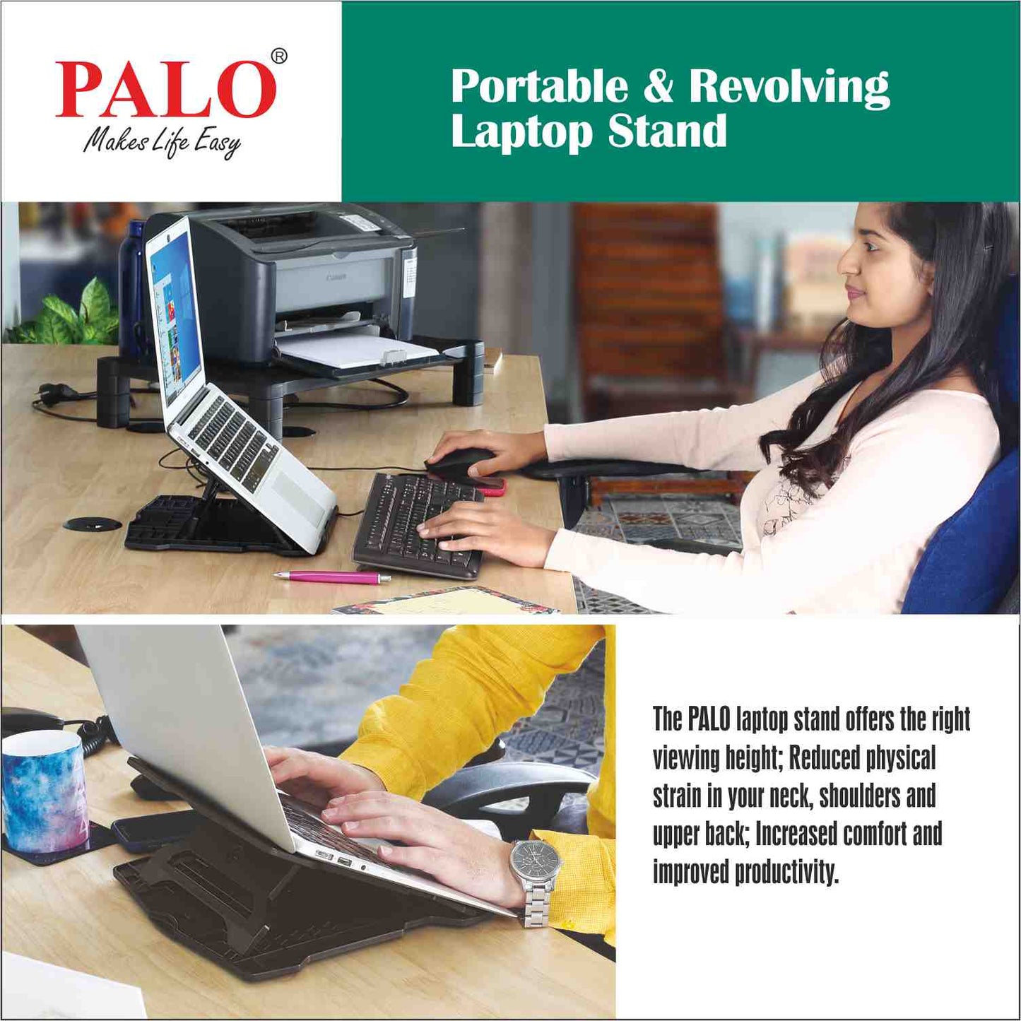 PALO029 PALO Ergonomic and Multi Angle Adjustable Plain Foldable & Revolving Laptop Stand