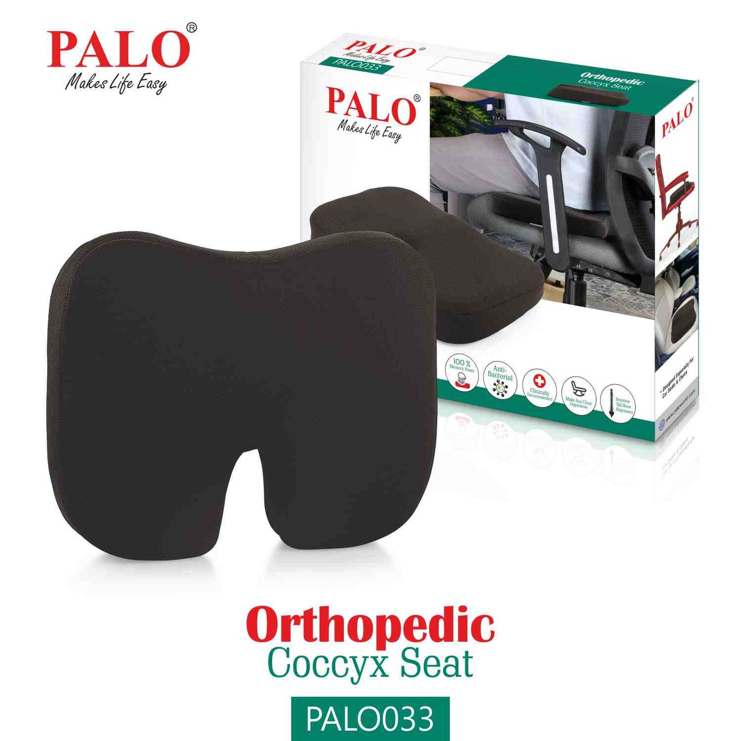 PALO033 PALO Orthopedic Memory Foam Coccyx Seat Cushion, Black