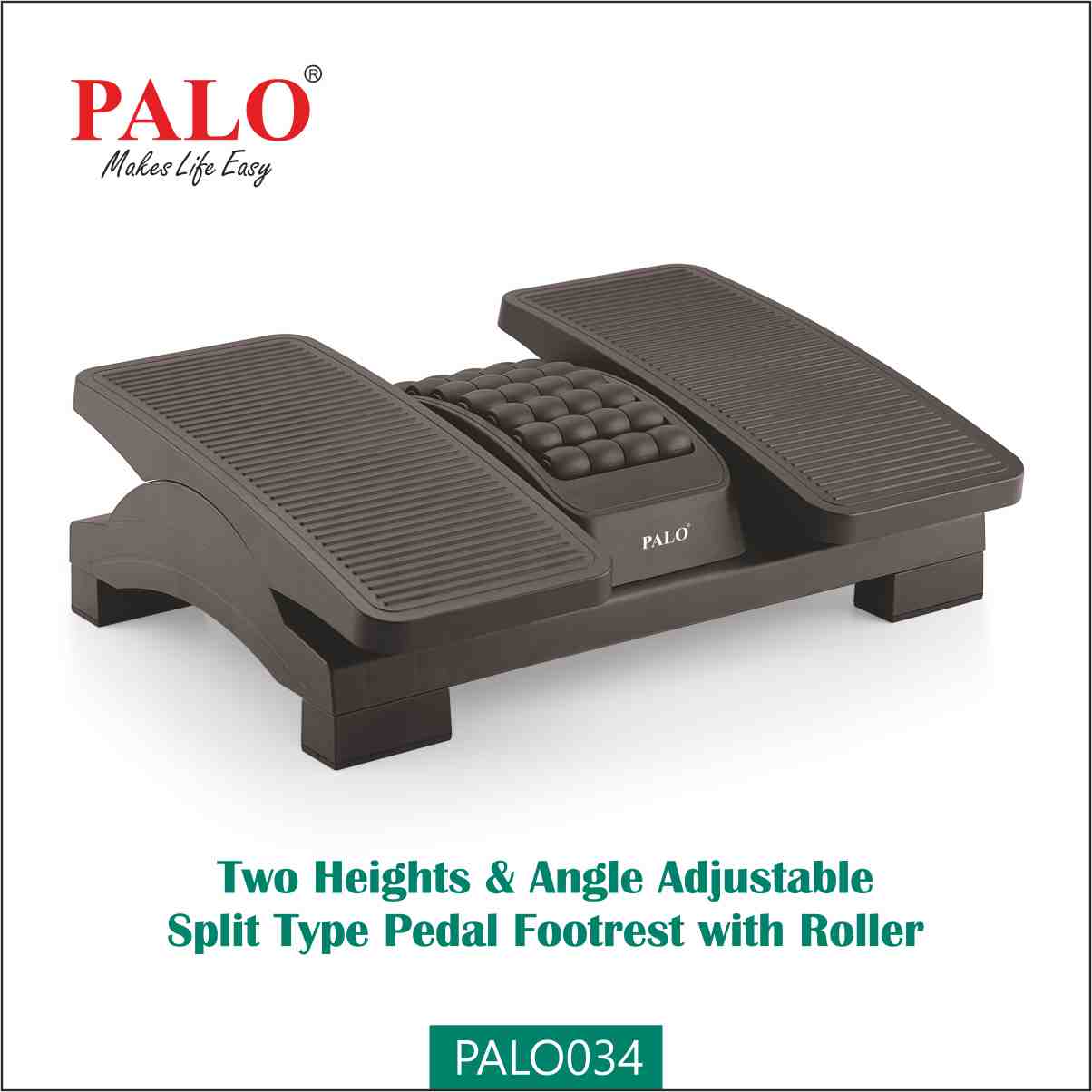 PALO034 Ergonomic Two Heights & Angle Adjustable Split Type Pedal Footrest with Roller