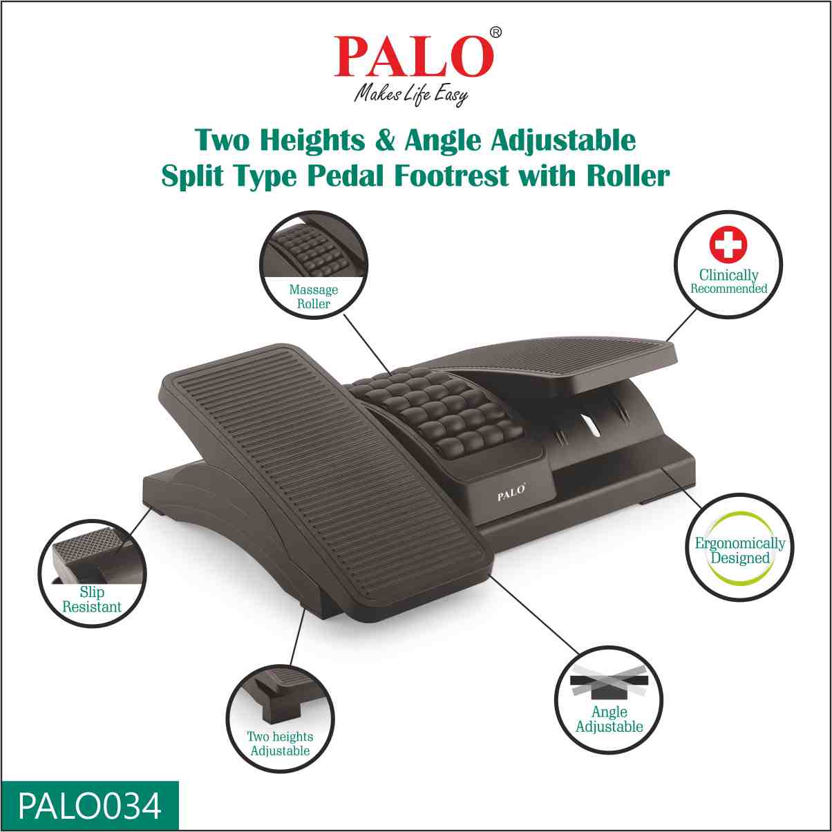 PALO034 Ergonomic Two Heights & Angle Adjustable Split Type Pedal Footrest with Roller