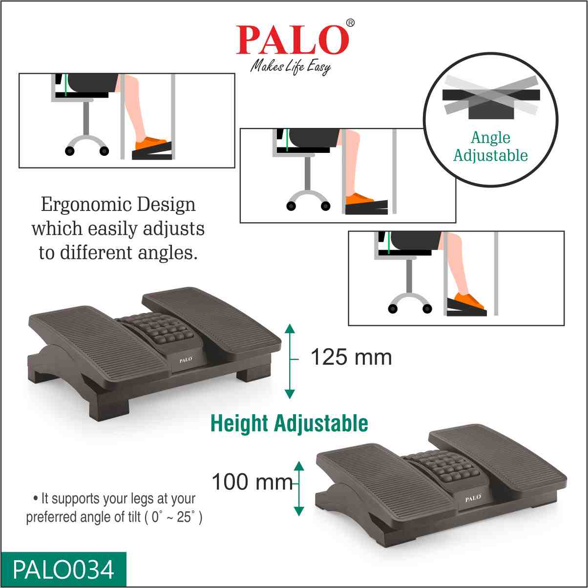 PALO034 Ergonomic Two Heights & Angle Adjustable Split Type Pedal Footrest with Roller