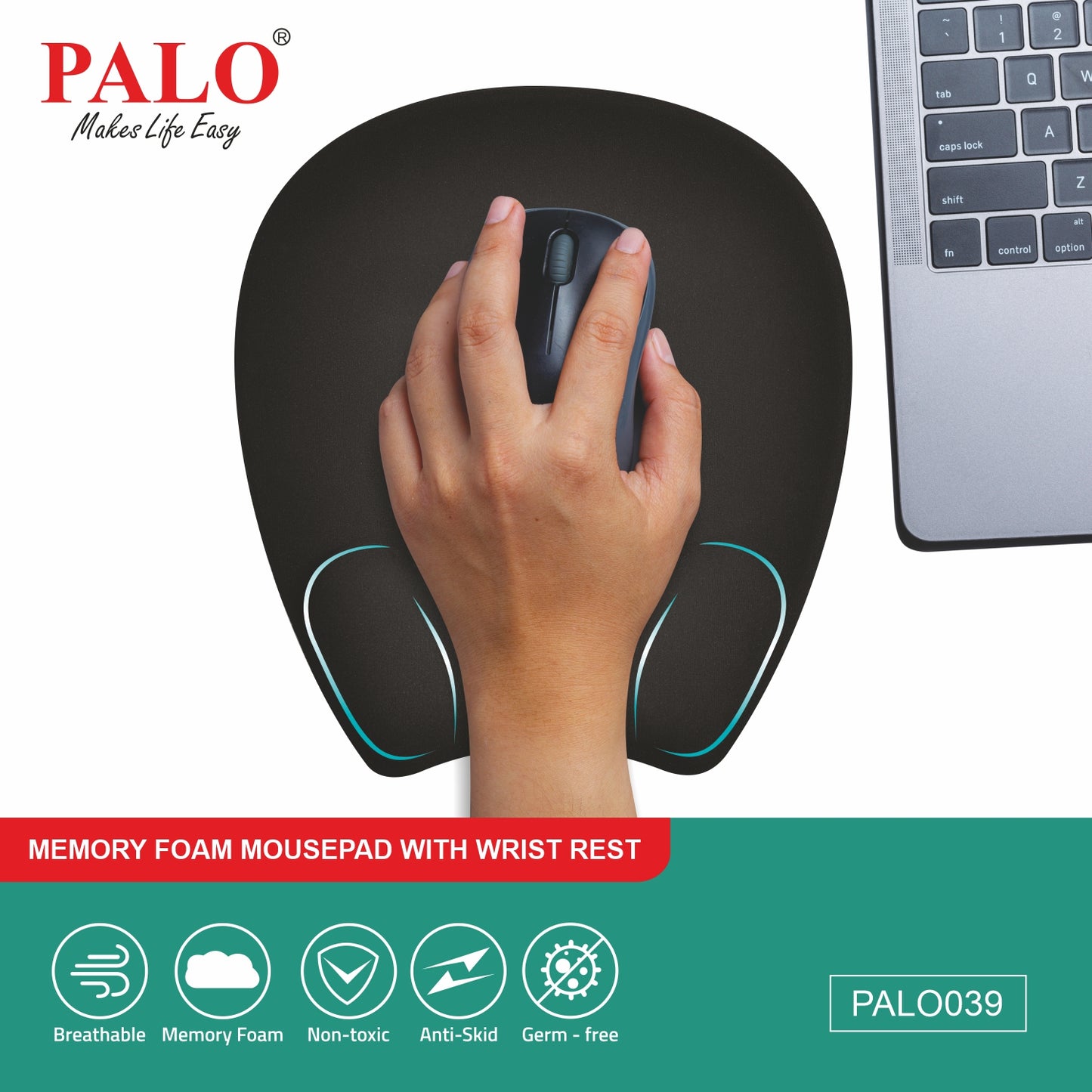 PALO039 PALO Memory Foam Mousepad with Wrist Rest, Black