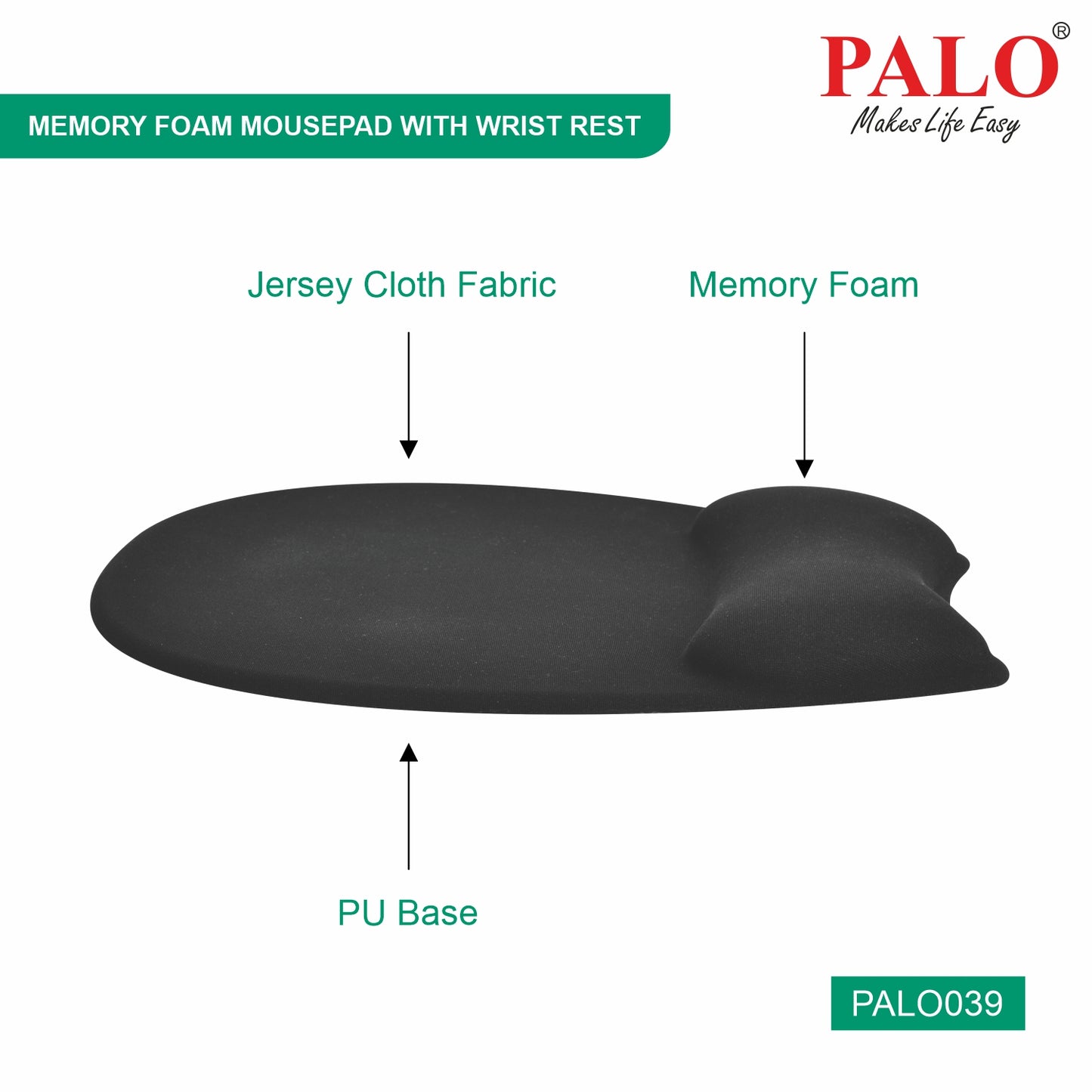 PALO039 PALO Memory Foam Mousepad with Wrist Rest, Black