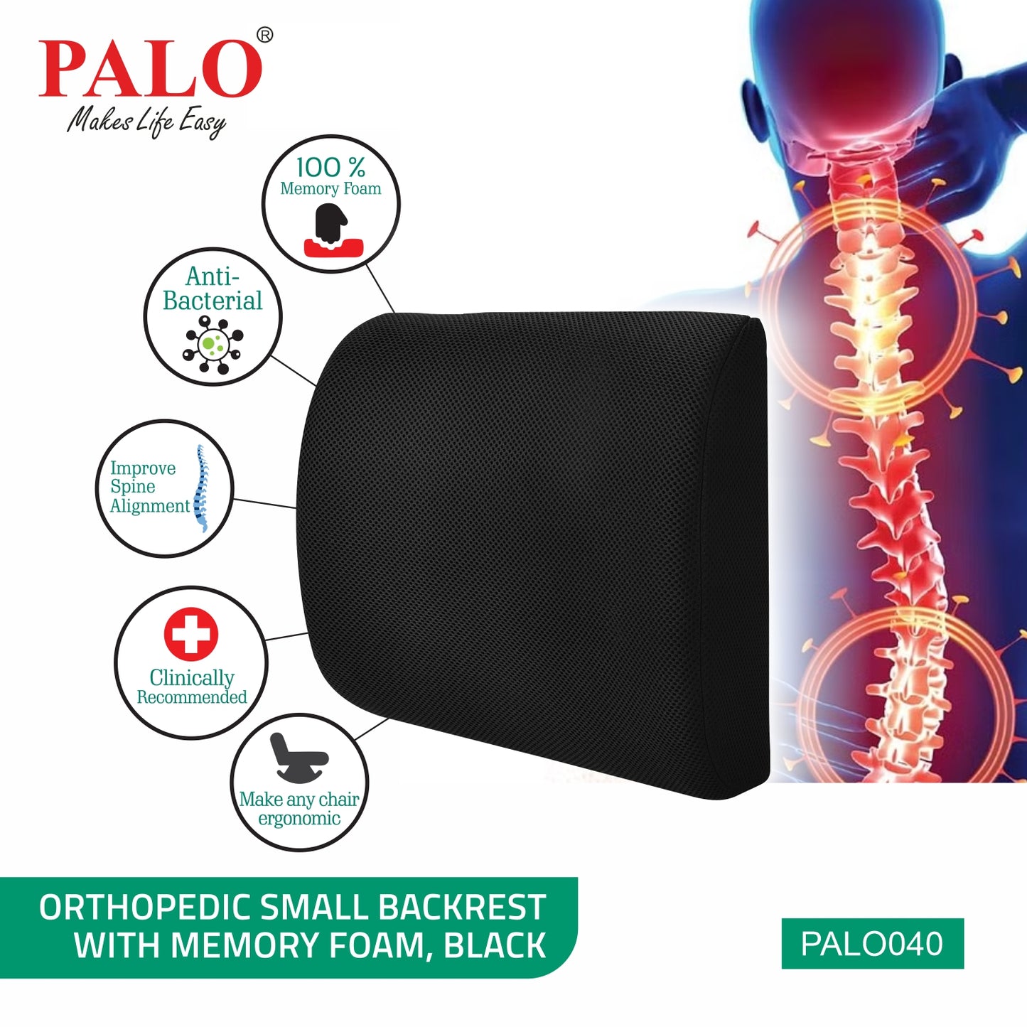 PALO040 PALO Orthopedic Small Backrest with Memory Foam, Black